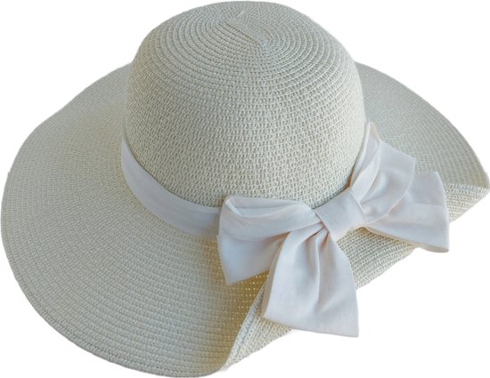 RAMBUX® - Chapeau de Soleil Femme - Blanc Lait avec Noeud Witte - Chapeau de Plage en Osier - Chapeau de Paille Résistant aux UV - Chapeau Ajustable & Pliable - 55-58 cm