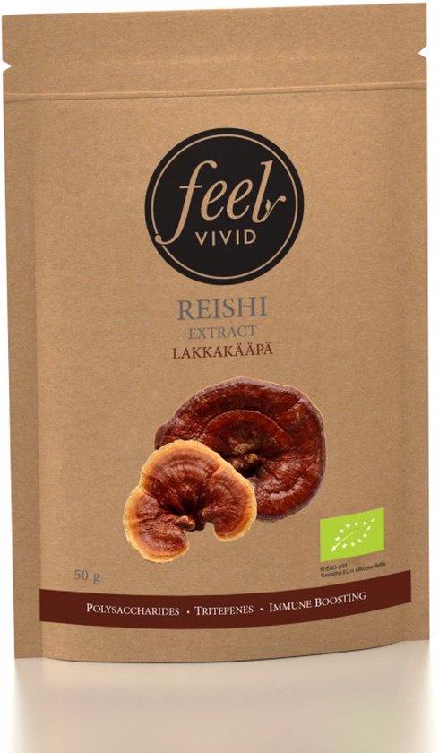 Bruine papieren verpakking met het logo 'feel vivid' en twee rode reishi paddenstoelen. Er staat 'REISHI EXTRACT LAKKAKÄPÄ' op.