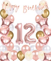 Snoes Ballonnen 12 Jaar Rose Gold White Dots - Compleet Feestpakket met cijfer ballon 12 Jaar - Verjaardag Versiering Slinger Happy Birthday – Folieballon – Latex Ballonnen - Helium Ballonnen - Rose Feestpakket