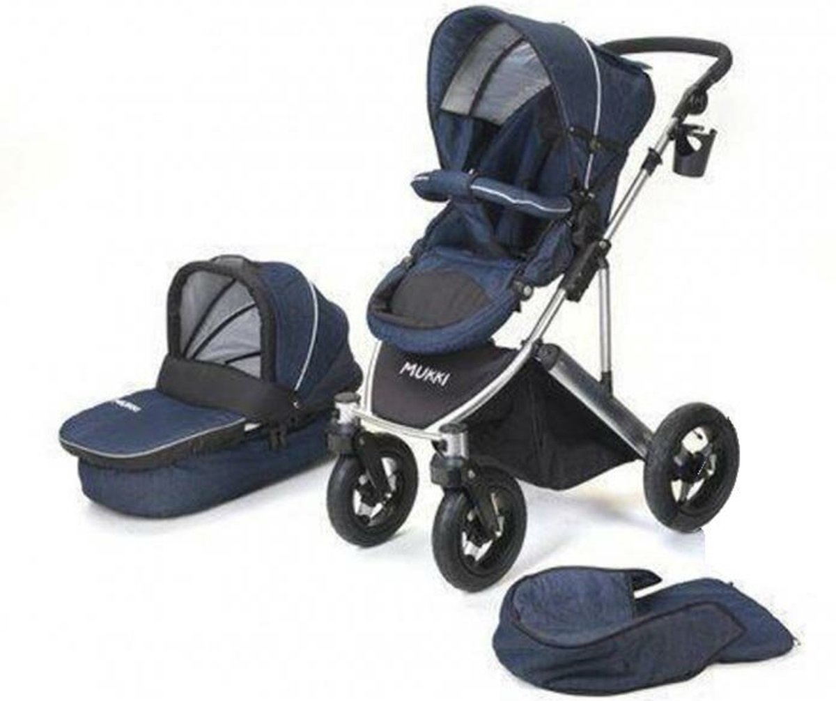 Mukki Daily Transporter - Robuuste All-terrain Kinderwagen inclusief reiswieg - JEANS Donkerblauw - Inklapbaar - Lichtgewicht - Grote luchtbanden voor iedere ondergrond - Verstelbaar - Combi Kinderwagen 2 in 1 - Wandelwagen - Buggy - Multifunctioneel