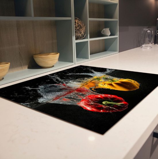 Inductiebeschermer paprika´s in water | 60 x 52 cm | Keukendecoratie | Bescherm mat | Inductie afdekplaat