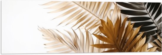 Acrylglas - Tropische Bladeren in Goudtinten tegen Witte Achtergrond - 120x40 cm Foto op Acrylglas (Met Ophangsysteem)