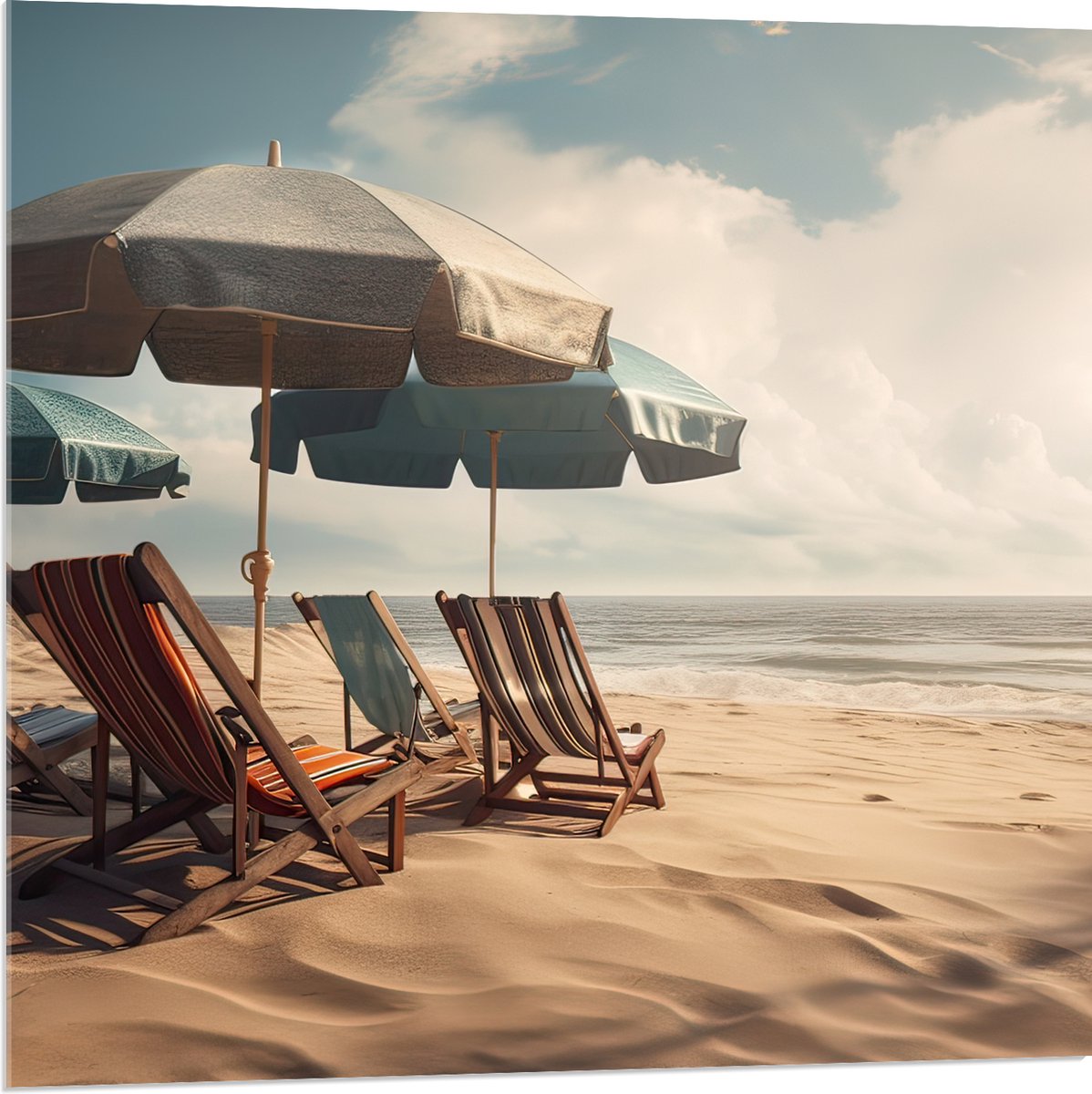 Acrylglas - Strandstoelen en Parasols op het Strand op Bewolkte Dag - 80x80 cm Foto op Acr