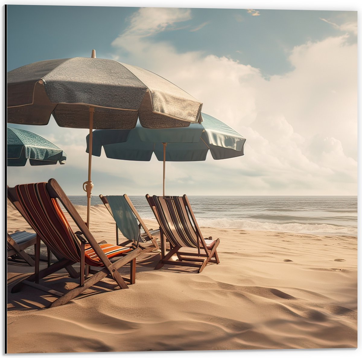 Dibond - Strandstoelen en Parasols op het Strand op Bewolkte Dag - 50x50 cm Foto op Aluminium (Wanddecoratie van metaal)