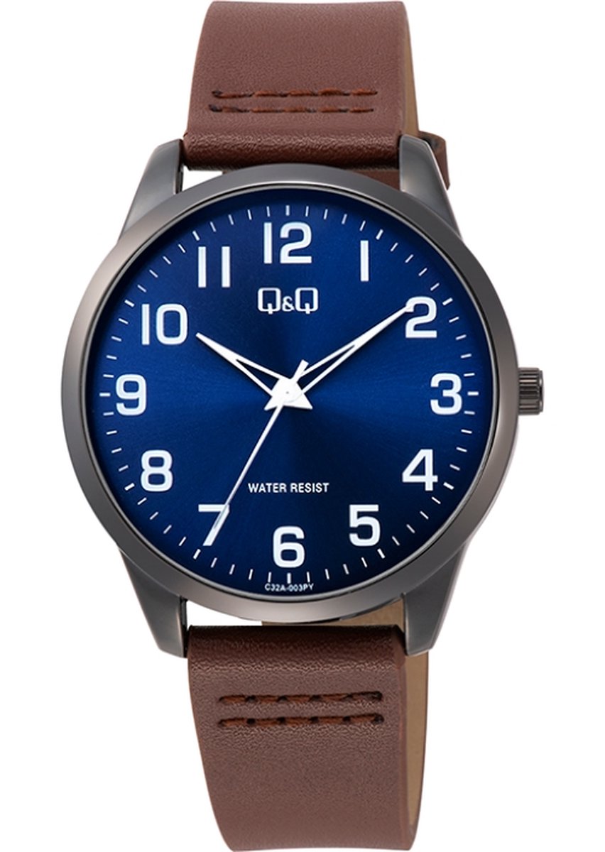 QQ C32A-003PY - Horloge - Analoog - Heren - Mannen - Leren band - Rond - Metaal - Bruin - Zwart - DonkerBlauw