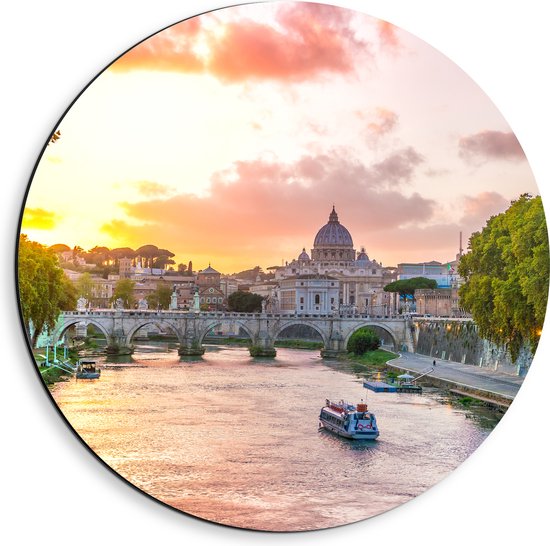 Dibond Muurcirkel - Tiber Rivier naar Kathedraal in Rome - 40x40 cm Foto op Aluminium Muurcirkel (met ophangsysteem)
