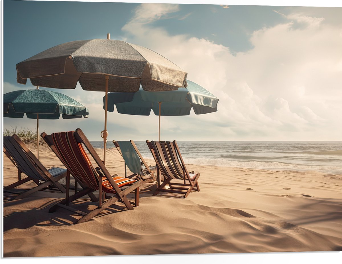 PVC Schuimplaat- Strandstoelen en Parasols op het Strand op Bewolkte Dag - 80x60 cm Foto op PVC Schuimplaat