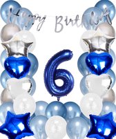 Snoes Ballonnen 6 Jaar Set Mega Blauw Zilver Ballon - Compleet Feestpakket Cijferballon 6 Jaar - Verjaardag Versiering Slinger Happy Birthday – Folieballon – Latex Ballonnen - Helium Ballonnen