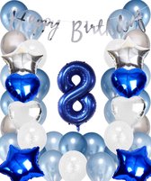 Snoes Ballonnen 8 Jaar Set Mega Blauw Zilver Ballon - Compleet Feestpakket Cijferballon 8 Jaar - Verjaardag Versiering Slinger Happy Birthday – Folieballon – Latex Ballonnen - Helium Ballonnen