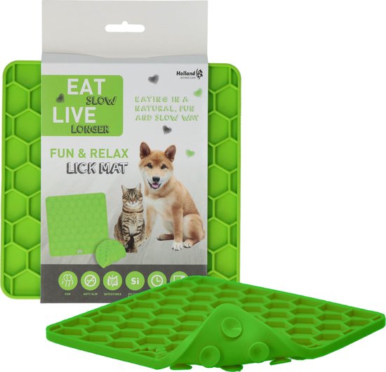 Eat Slow Live Longer Honingraat Likmat 23 x19 cm - Likmat honden en katten – Anti schrok – Slowfeeder – 100% Siliconen - Likplaat voor huisdieren - Vaatwasserbestendig – Voerpuzzel Kat - Groen