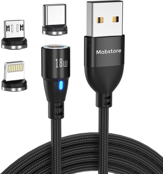 Mobstore Magnetische Oplaadkabel - 2 meter - Zwart - 3 in 1 - Snellader - 18W - Data overdracht - Apple Lightning / USB-C / Micro USB kabel - Magneet Oplader - 3.0A Fast Charge Output - Carplay - Geschikt voor iPhone kabel / Samsung / Huawei