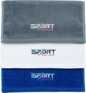 Set: 3x Sporthanddoek Pure White + Army Gray + Navy Blue - 75x35cm - 100% Katoen - Sport Towel Wit + Grijs / Groen + Blauw