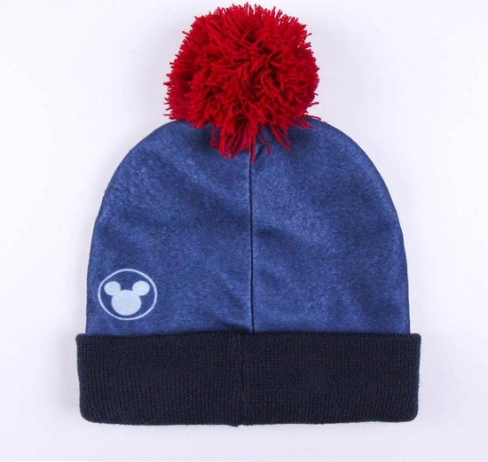 Blauwe muts met Mickey Mouse logo en rode pompon.