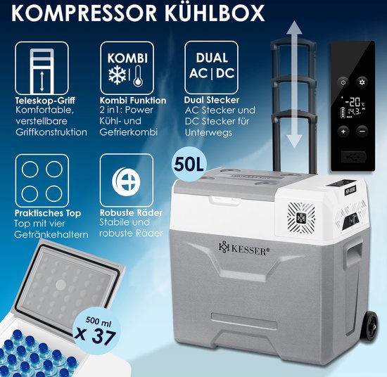KESSER® Compressor Koelbox Elektrische Vriezer, met APP-bediening USB-aansluiting 12/24 V 230V, +Telescopische stangwielen Collbox tot -20 °C voor auto, vrachtwagen, boot, camper, camping - 50 Liter, Grijs van KESSER — afbeelding 5