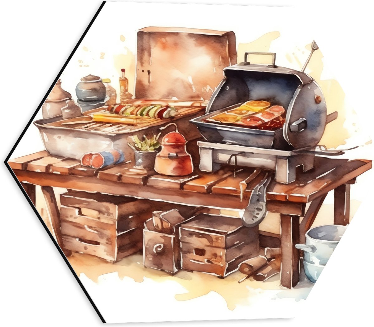 Dibond Hexagon - Waterverf Tekening met Barbecue en Eten - 40x34.8 cm Foto op Hexagon (Met