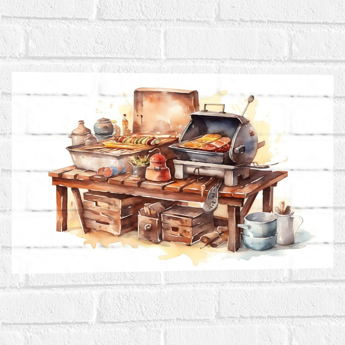Muursticker - Waterverf Tekening met Barbecue en Eten - 60x40 cm Foto op Muursticker