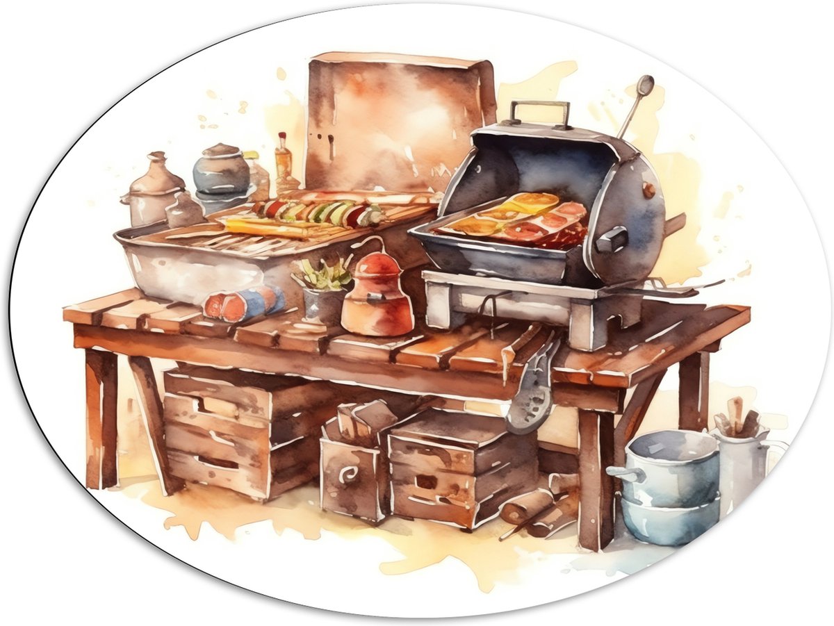 Dibond Ovaal - Waterverf Tekening met Barbecue en Eten - 108x81 cm Foto op Ovaal (Met Opha