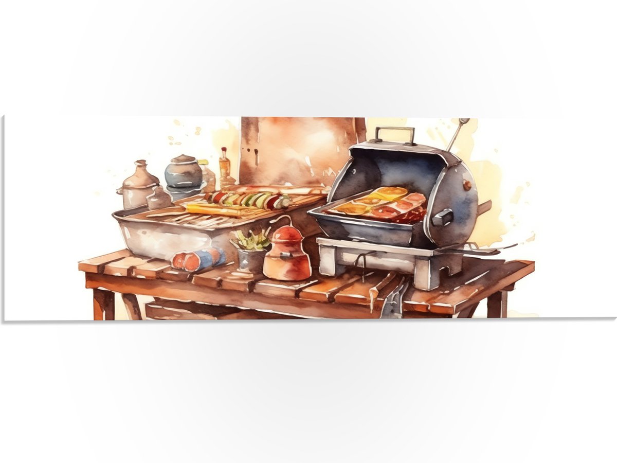 PVC Schuimplaat - Waterverf Tekening met Barbecue en Eten - 60x20 cm Foto op PVC Schuimpla