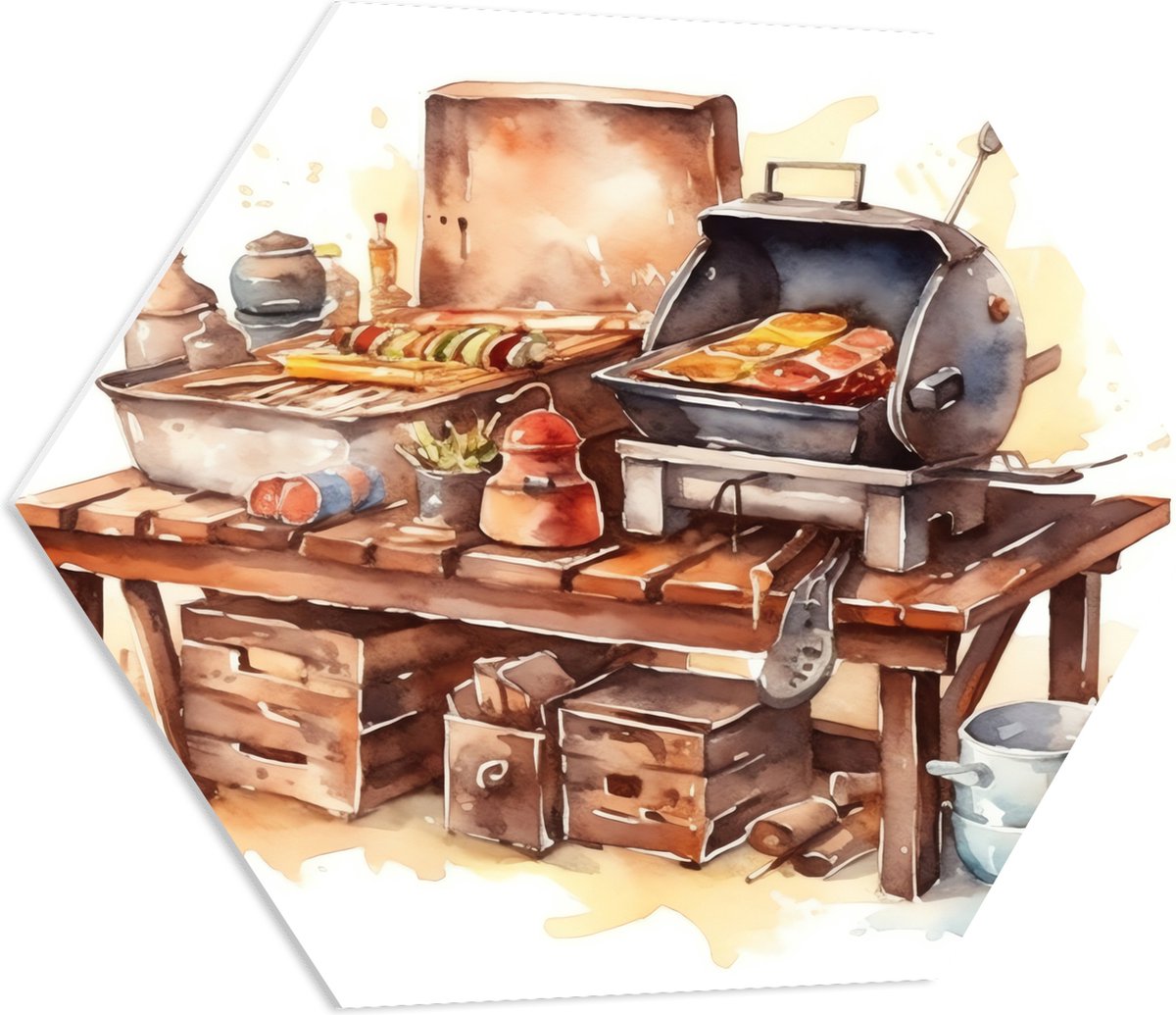 PVC Schuimplaat Hexagon - Waterverf Tekening met Barbecue en Eten - 80x69.6 cm Foto op Hex