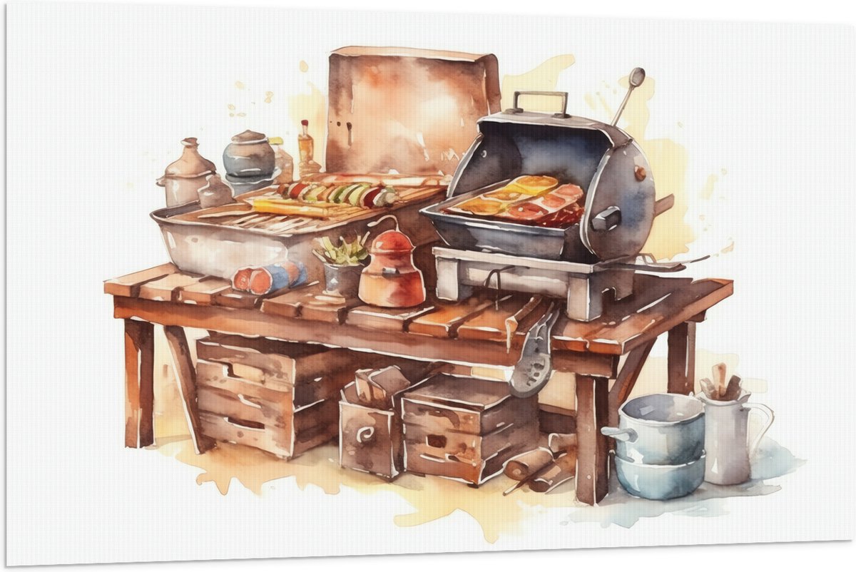 Vlag - Waterverf Tekening met Barbecue en Eten - 120x80 cm Foto op Polyester Vlag