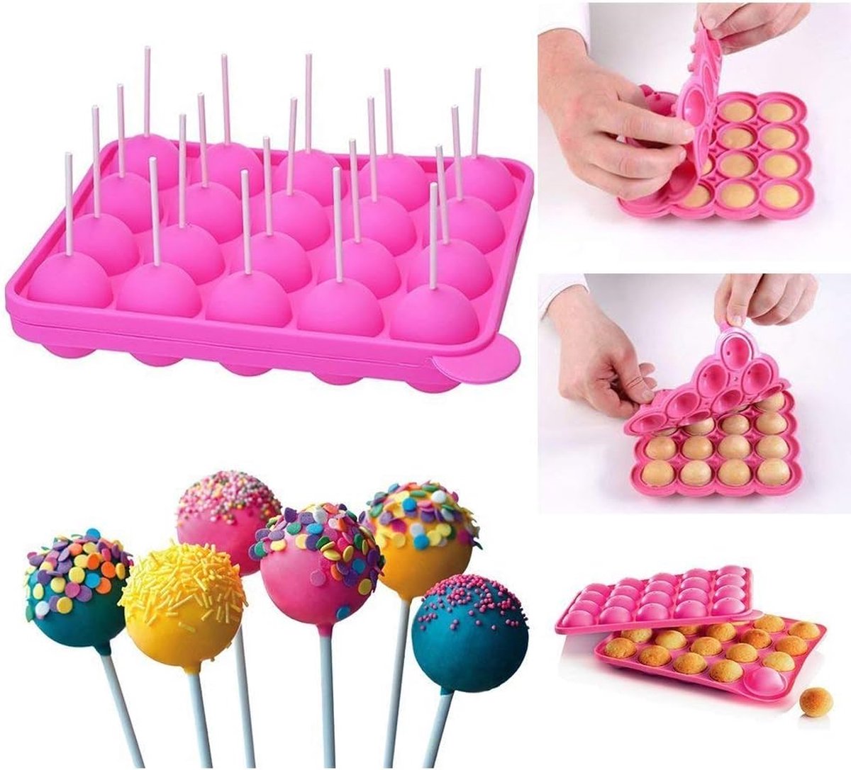 Siliconen Cake Pop Bakvormen Cake Pop mallen, 20 Ronde Mallen Siliconen Lolly schimmel dienblad Cake siliconen schimmel voor Cupcakes, snoep, gelei en chocolade, niet-stick, roze