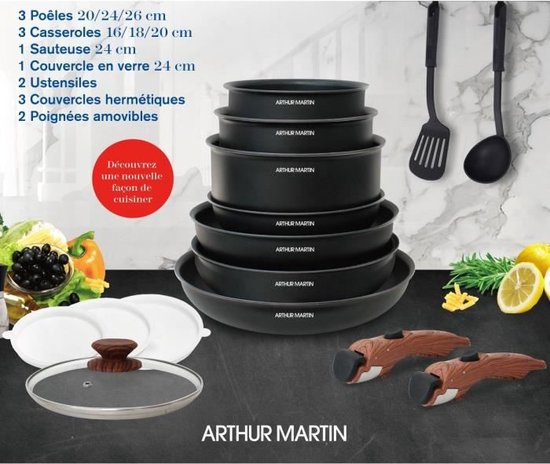 Arthur Martin AM1502 Batterie de cuisine 15 pièces - Manche amovible effet  bois - Tous