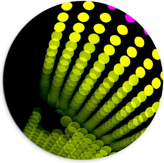 Dibond Muurcirkel - Groene en Paarse Stippen op Zwarte Achtergrond - 100x100 cm Foto op Aluminium Muurcirkel (met ophangsysteem)