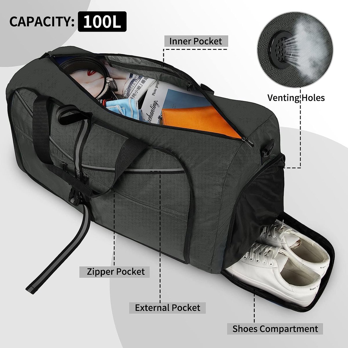 Reistas, opvouwbaar, 65 l, 80 l, 100 l, ultralicht, groot, sporttas, reistas, waterdicht, weekendtas met schoenenvak voor dames en heren, Zwart, 65L, Tas