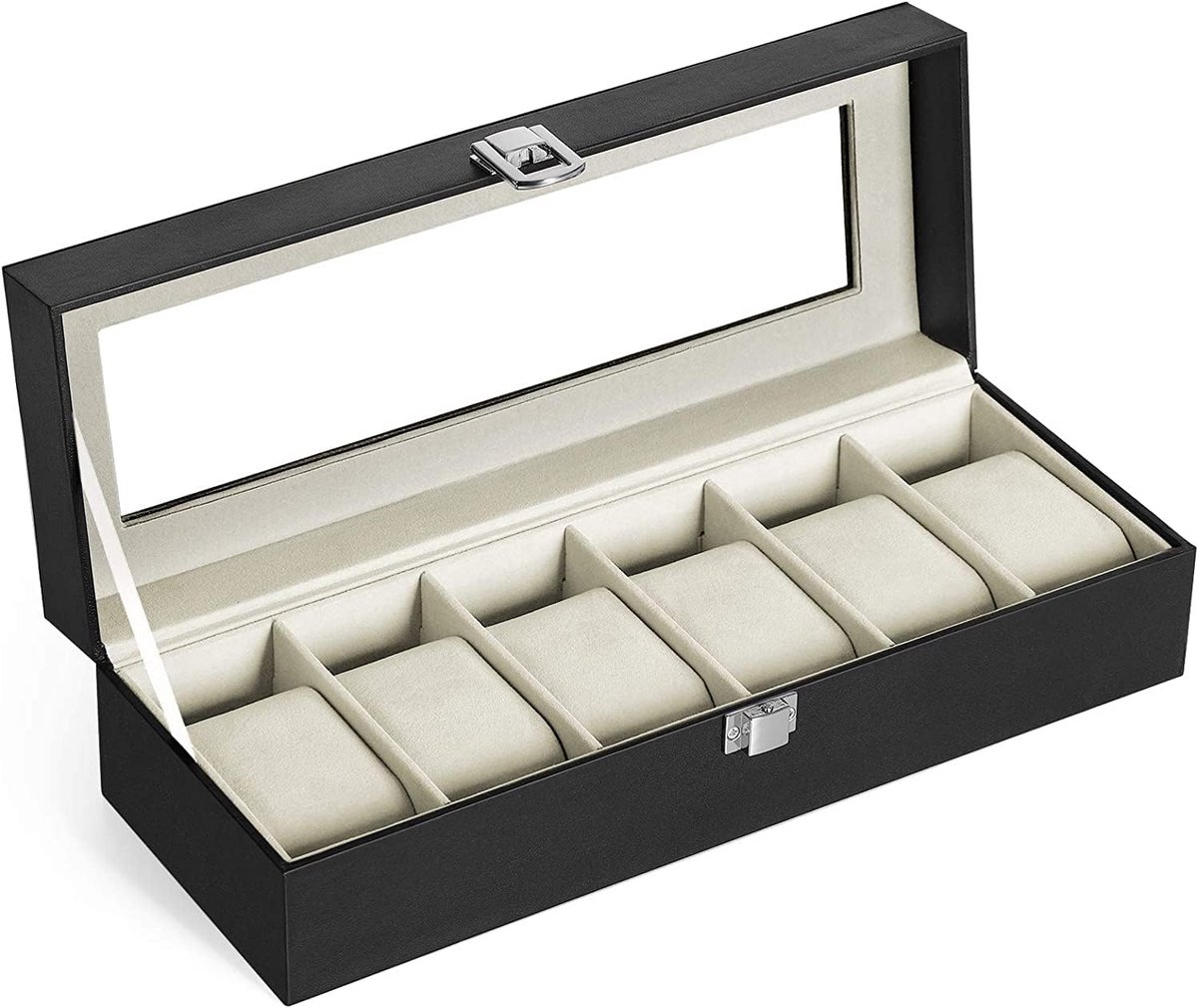Horlogedoos voor 6 horloges, horlogekast met glazen deksel, horlogekussen van fluweel, horlogekoffer met slot, 11,2 x 30 x 8 cm, cadeau-idee, PU-bekleding in zwart, fluwelen voering in groenbeige