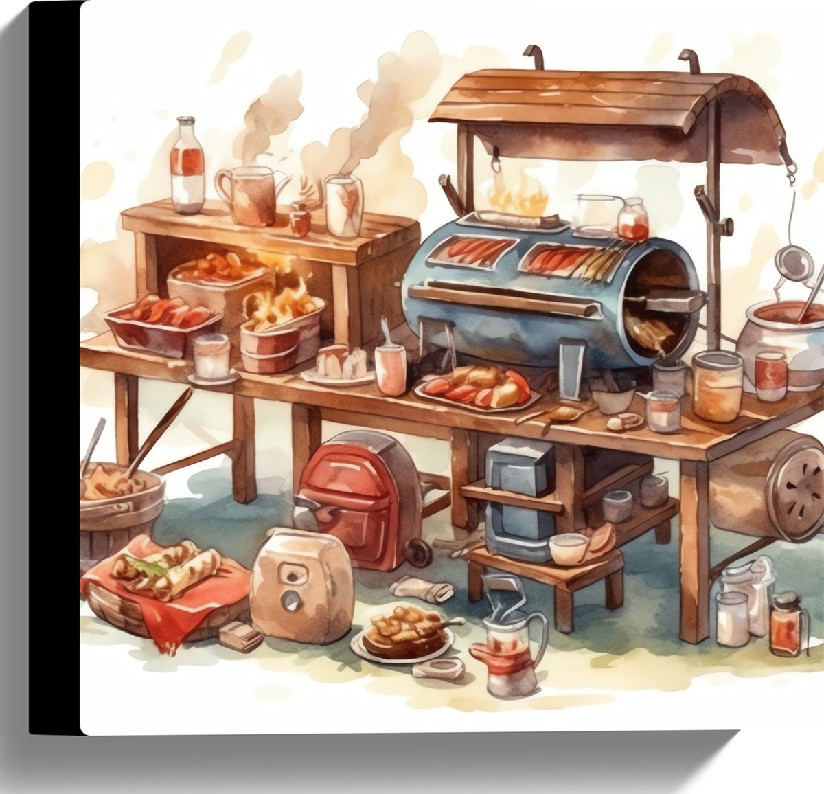 Canvas - Tekening van Barbecue - 30x30 cm Foto op Canvas Schilderij (Wanddecoratie op Canvas)