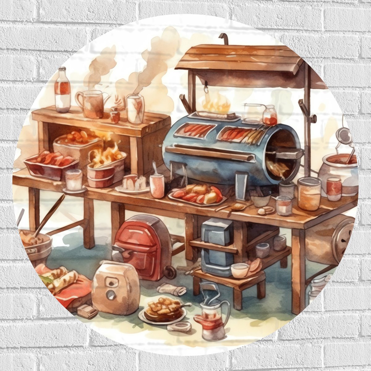 Muursticker Cirkel - Tekening van Barbecue - 90x90 cm Foto op Muursticker