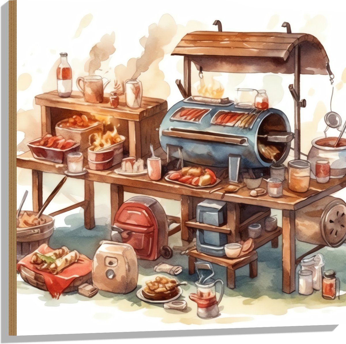 Hout - Tekening van Barbecue - 80x80 cm - 9 mm dik - Foto op Hout (Met Ophangsysteem)