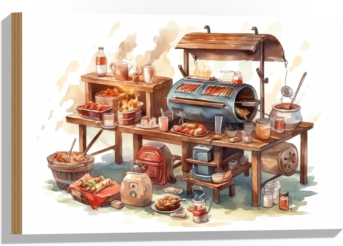 Hout - Tekening van Barbecue - 60x40 cm - 9 mm dik - Foto op Hout (Met Ophangsysteem)