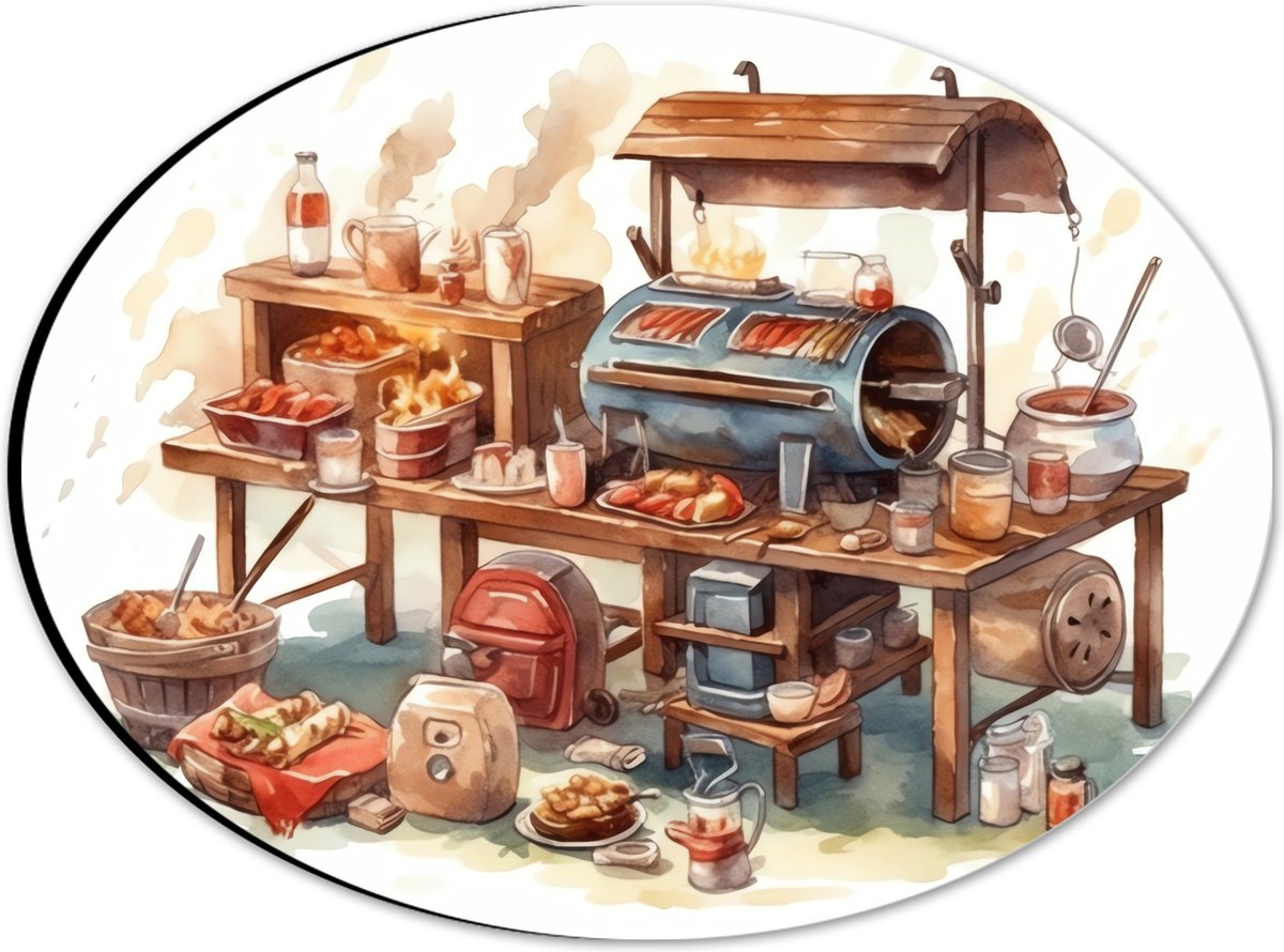 Dibond Ovaal - Tekening van Barbecue - 28x21 cm Foto op Ovaal (Met Ophangsysteem)