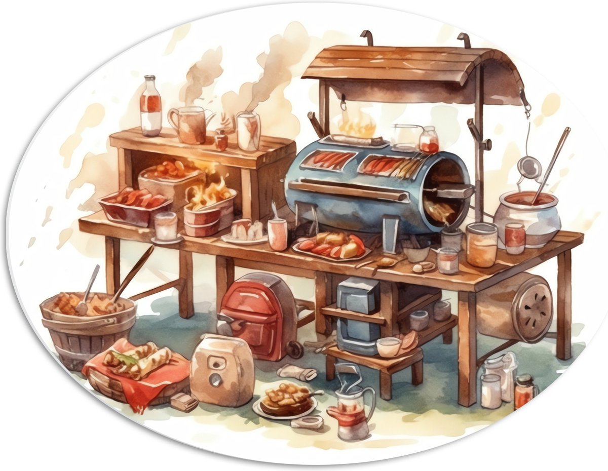 PVC Schuimplaat Ovaal - Tekening van Barbecue - 68x51 cm Foto op Ovaal (Met Ophangsysteem)