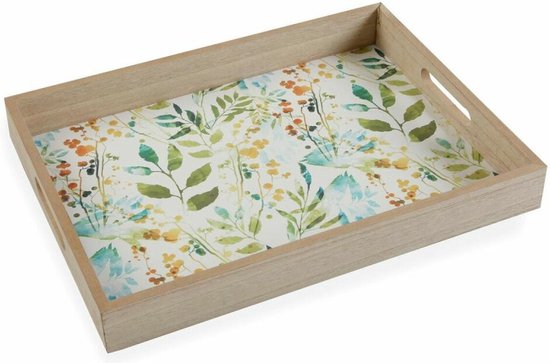 Relaxdays dienblad bamboe, met handgrepen, koffie, thee, BxD: 48 x 33 cm, rechthoekig serveerblad, keuken, natuur