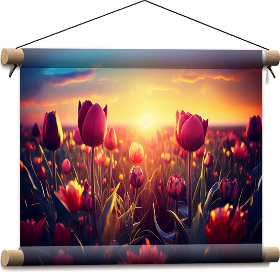 Textielposter - Zonnestralen op de Bloemen in het Bloemenveld - 40x30 cm Foto op Textiel
