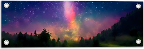 Tuinposter – Kleurrijke Melkweg met Groen Landschap - 60x20 cm Foto op Tuinposter (wanddecoratie voor buiten en binnen)