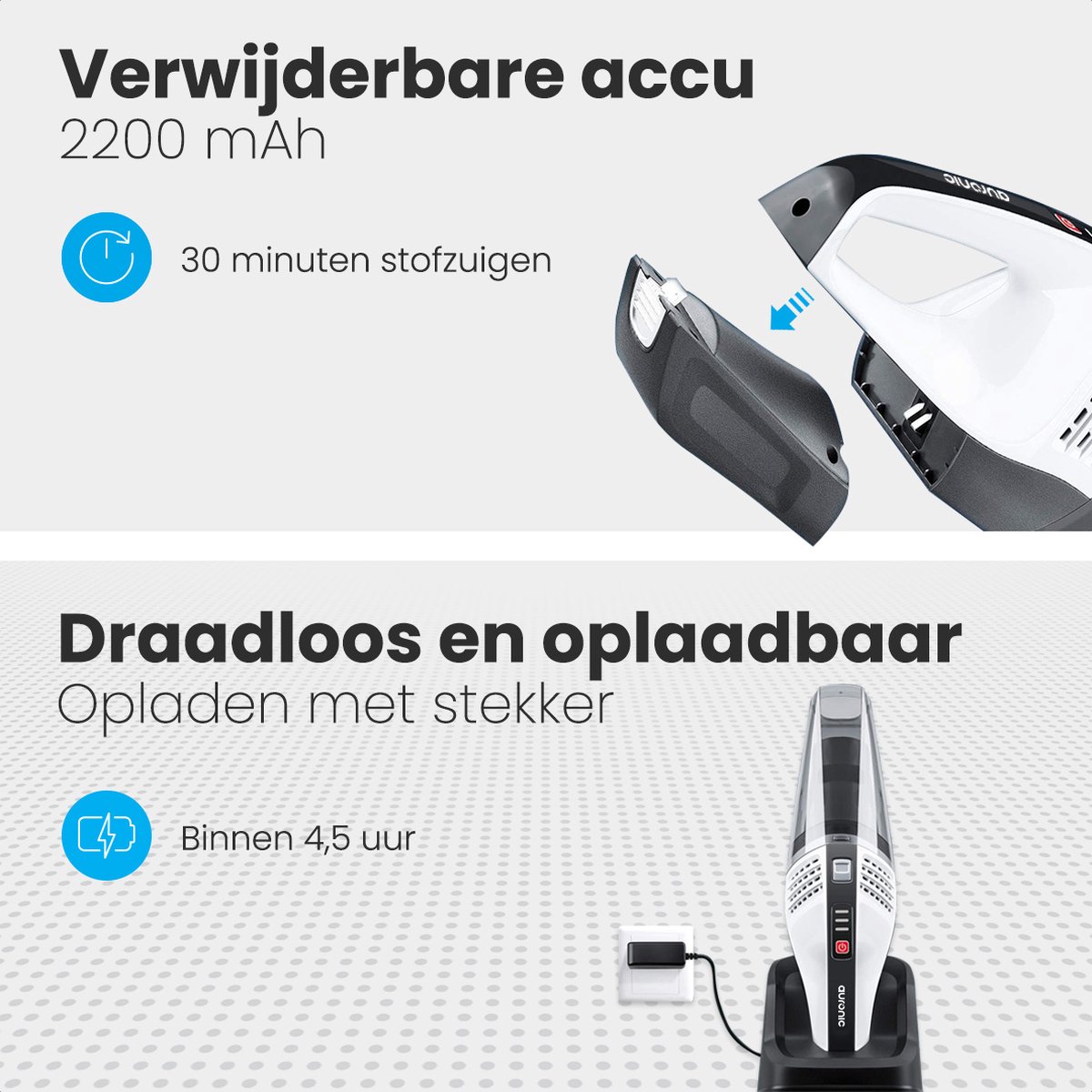 Auronic Kruimeldief - Handstofzuiger - Auto Stofzuiger - Kruimelzuiger - Snoerloos - Nat en Droog - HEPA Filter - Mini Stofzuiger - Donkergrijs - Met Opzetstukken — afbeelding 5