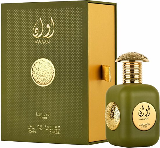 Flacon de parfum Lattafa AWAAN PRIDE vert de 100ml avec bouchon doré et décoration circulaire dorée, à côté de sa boîte verte assortie.