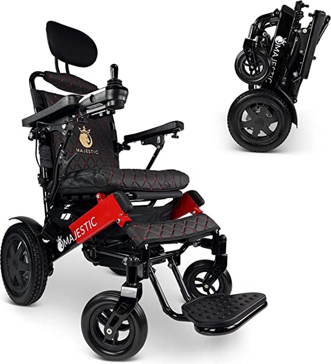 Goedkoopste COMFYGO IQ-9000 AF Elektrische rolstoel, lichtgewicht, draadloze afstandsbediening, tot 30km, Automatisch vouwsysteem met Handmatig achterover leunen, Zwart&Rood frame & Zwart leer textiel, Zitbreedte 45cm