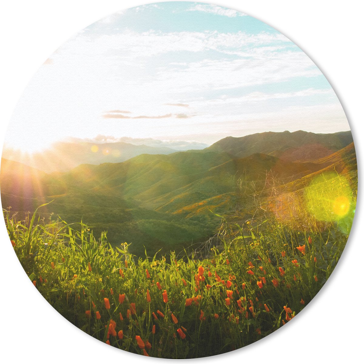 Muismat rond 30x30 cm - Mousepad Heuvels - Zonsondergang - Gras - Groen - Ronde muismatten
