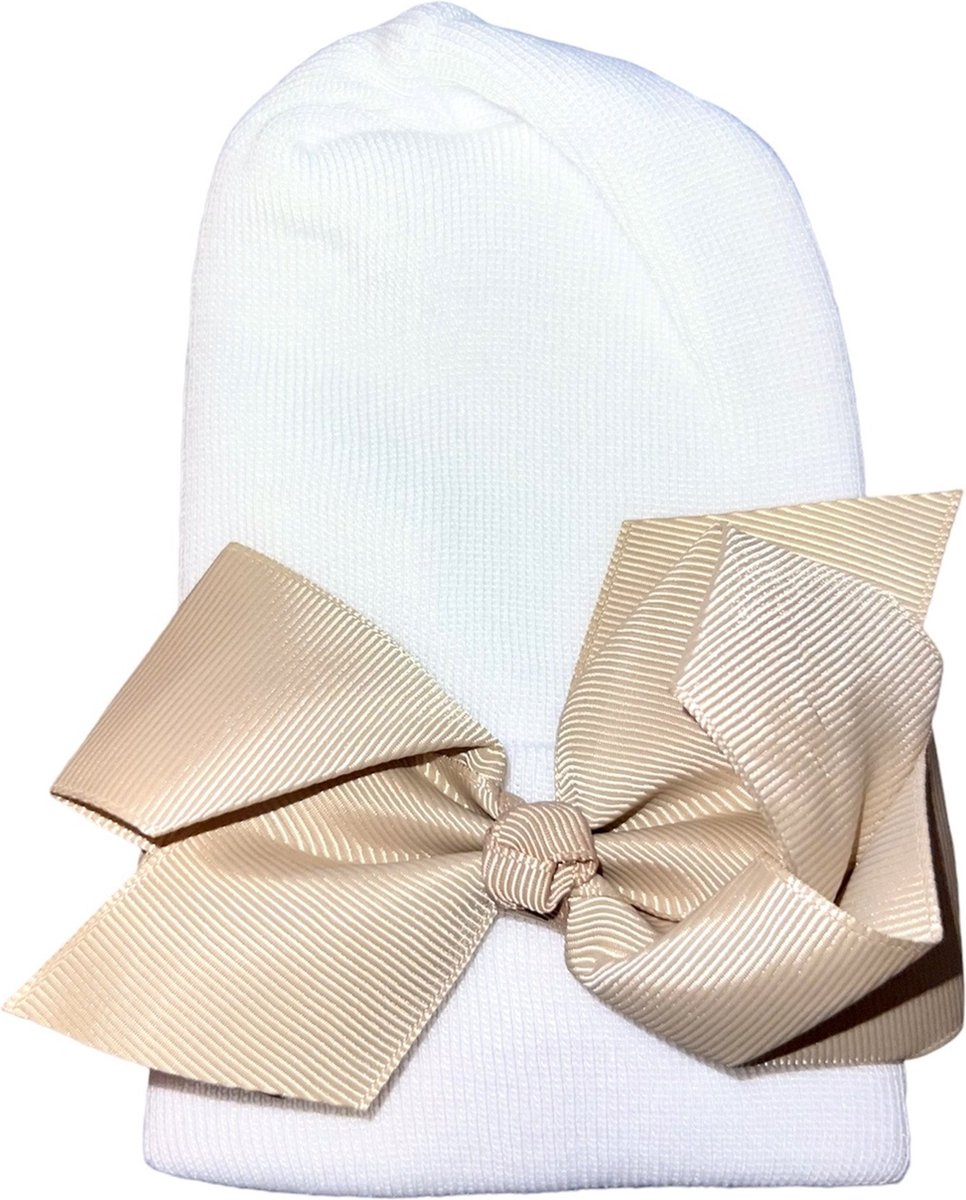 Goedkoopste Mammie's Newborn muts met beige strik van lint Extra warm Default
