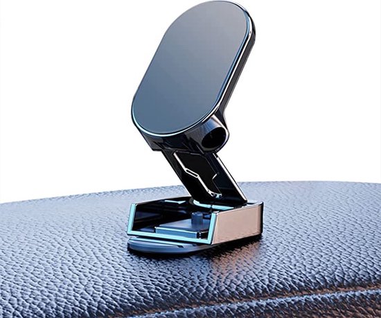 Zwarte magnetische telefoonhouder met een scharnierende arm en een opvouwbare basis.