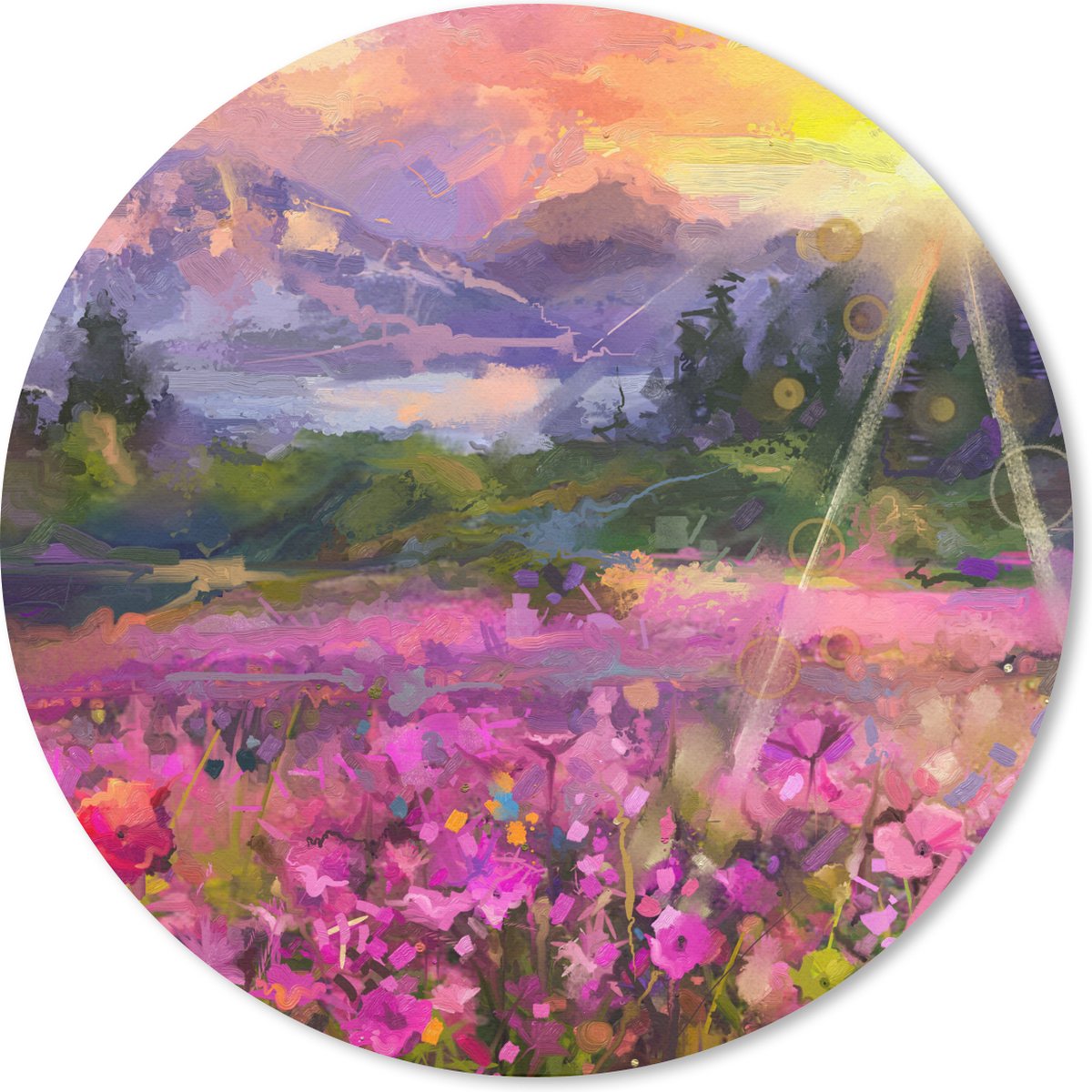 Muismat rond 30x30 cm - Mousepad Schilderij - Olieverf - Bloemen - Natuur - Zon - Ronde muismatten