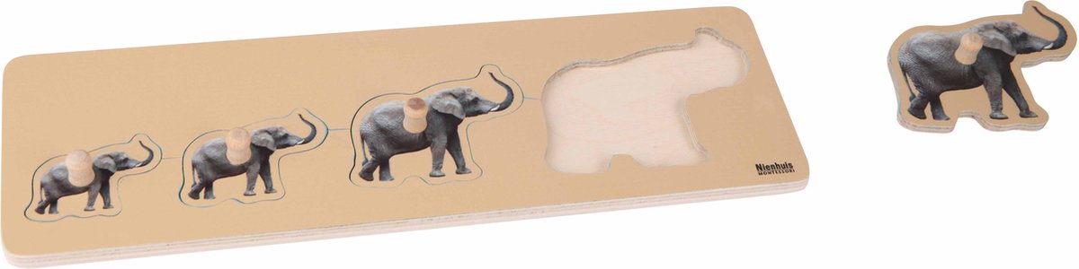 Nienhuis Montessori Kinderpuzzel Olifanten - Houten speelgoed - Houten puzzel - Olifanten puzzel - Educatief speelgoed - Houten dieren speelgoed - 4 stukjes - Vanaf 2 jaar