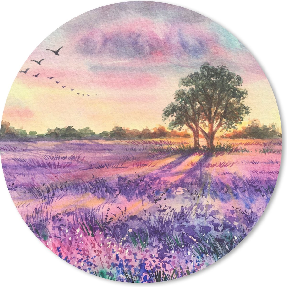 Muismat rond 40x40 cm - Mousepad Lavendel - Verf - Vogels - Bomen - Paars - Ronde muismatten