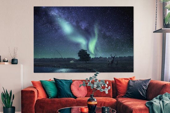 Peintures Toiles Aurores Boréales - Ciel Étoilé - Nuit - Cerf - 180x120 cm - Décoration murale XXL