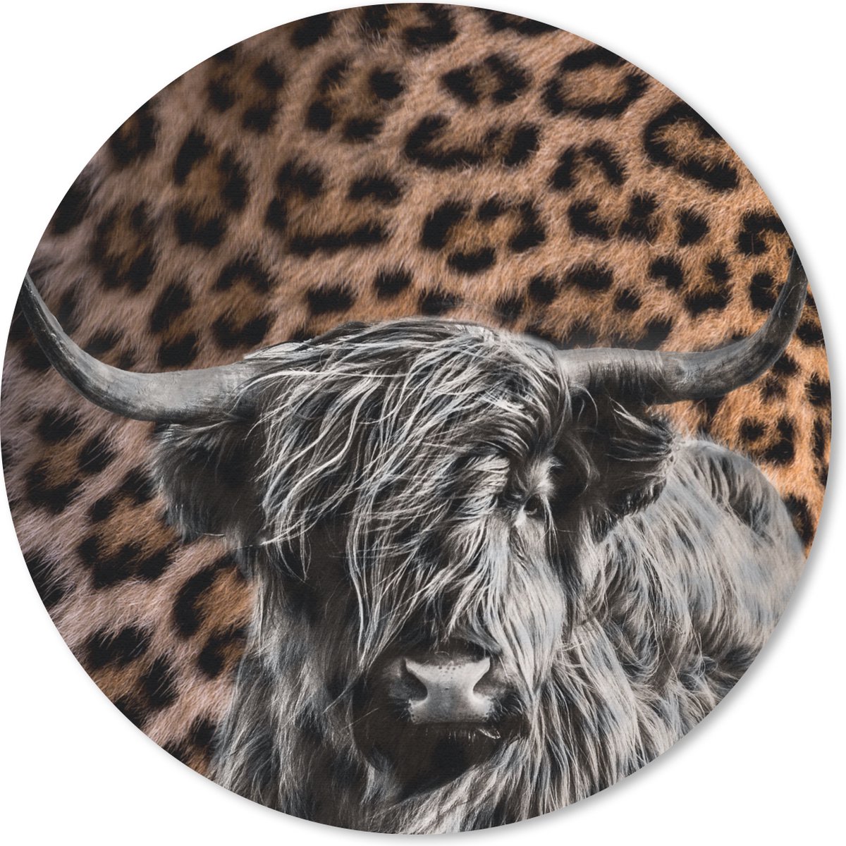 Muismat rond 30x30 cm - Mousepad Schotse hooglander - Koe - Panterprint - Ronde muismatten