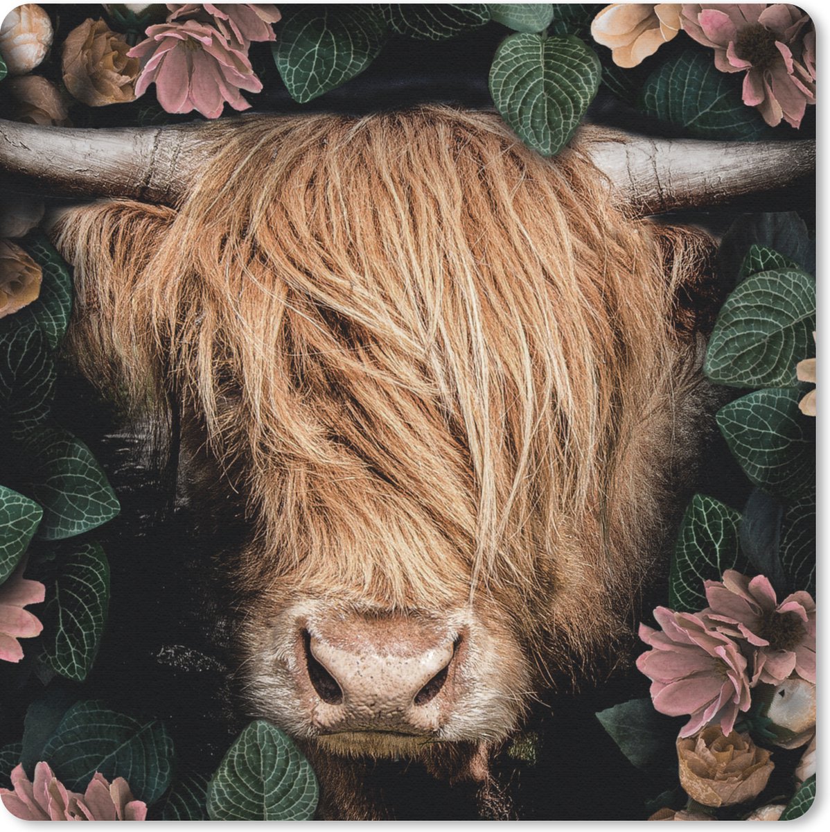 Muismat 30x30 cm - Mousepad Schotse hooglander - Bloemen - Koe - Muismatten
